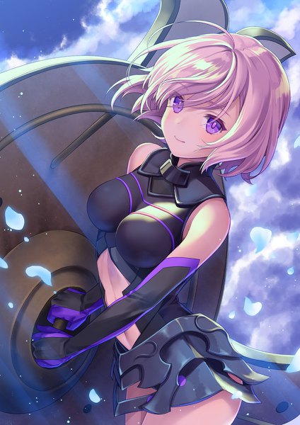 Anime picture 848x1200 with fate (series) fate/grand order mash kyrielight geroro single tall image looking at viewer blush short hair breasts light erotic smile purple eyes bare shoulders holding pink hair sky cloud (clouds) wind sunlight