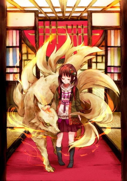 Anime picture 1000x1414 with original itou (artist) long hair tall image smile brown hair twintails tail hair flower multiple tails girl skirt hair ornament flower (flowers) animal knee socks fire fox japanese house