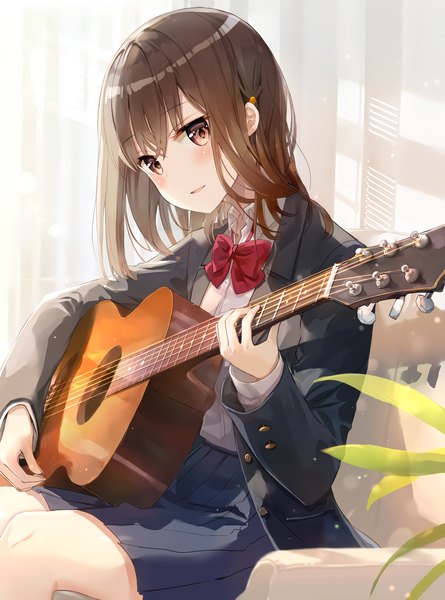 Anime picture 1716x2312 with original fuumi (radial engine) single long hair tall image looking at viewer blush fringe highres open mouth hair between eyes brown hair sitting brown eyes indoors pleated skirt light smile sunlight open clothes shadow