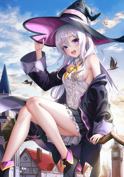 Anime picture 3440x4900 with majo no tabitabi elaina (majo no tabitabi) eichi (skskdi12z) single long hair tall image looking at viewer blush fringe highres breasts open mouth light erotic smile hair between eyes purple eyes absurdres sky silver hair cloud (clouds)
