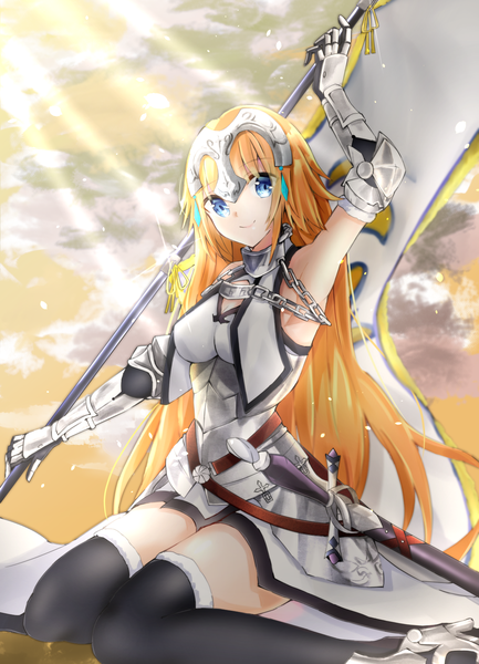 Anime picture 1131x1567 with fate (series) fate/grand order fate/apocrypha jeanne d'arc (fate) (all) jeanne d'arc (fate) sankee single long hair tall image looking at viewer fringe breasts blue eyes blonde hair smile sitting holding sky cloud (clouds) outdoors