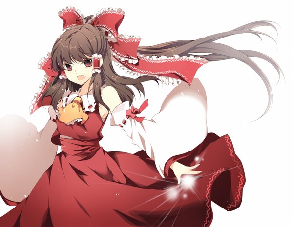 Anime picture 1500x1166 with touhou hakurei reimu roh nam kyung single long hair open mouth brown hair white background red hair half updo miko girl skirt bow hair bow detached sleeves skirt set