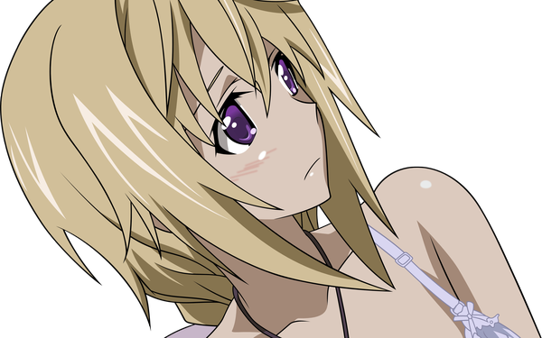 Anime picture 4000x2500 with infinite stratos 8bit charles dunois single long hair blush highres light erotic blonde hair wide image purple eyes bare shoulders absurdres close-up transparent background face vector girl