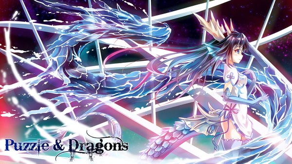 Anime picture 1600x899 with puzzle & dragons karin (p&d) arms ai single long hair blush blue eyes black hair wide image looking away profile horn (horns) inscription copyright name girl thighhighs dress gloves elbow gloves dragon