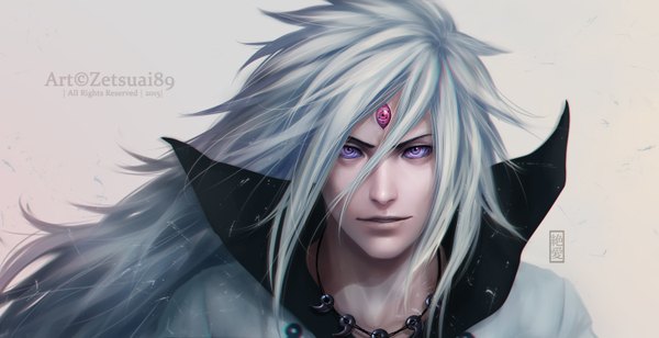 Anime picture 1500x770 with naruto studio pierrot naruto (series) uchiha madara zetsuai89 single long hair looking at viewer fringe wide image white background signed white hair parted lips lips realistic sharingan rinnegan boy necklace