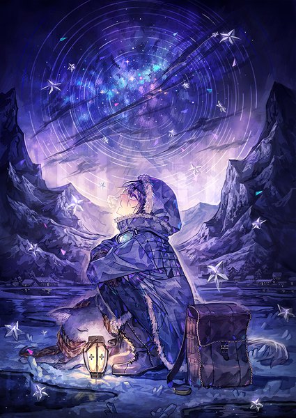 Anime-Bild 650x918 mit original mura karuki single tall image fringe open mouth purple eyes looking away sky purple hair outdoors profile fur trim looking up winter snow mountain exhalation rock milky way