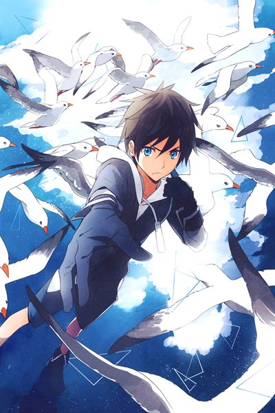 Anime picture 667x1000 with original takerusilt single tall image fringe short hair blue eyes black hair hair between eyes sky cloud (clouds) from above outstretched arm boy gloves animal boots bird (birds) seagull