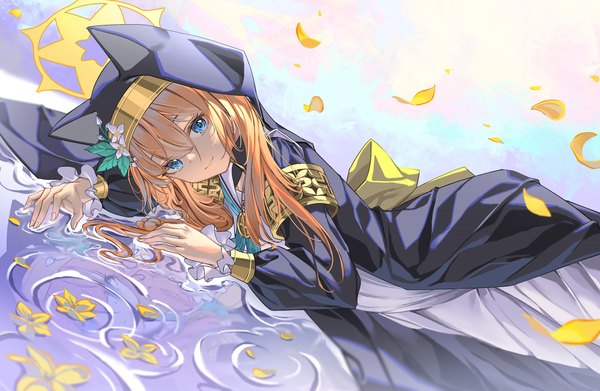 Anime picture 3233x2106 with blue archive mari (blue archive) al guang single long hair fringe highres blue eyes smile hair between eyes absurdres lying orange hair on side ripples girl flower (flowers) petals water halo