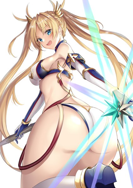 Anime picture 900x1273 with fate (series) fate/grand order bradamante (fate/grand order) harimoji single long hair tall image looking at viewer blush fringe breasts open mouth blue eyes light erotic blonde hair simple background hair between eyes white background twintails holding