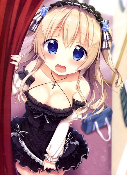 Anime picture 2884x3959 with original aoi yun single long hair tall image looking at viewer blush fringe highres breasts open mouth blue eyes light erotic blonde hair hair between eyes large breasts bare shoulders cleavage two side up lacing