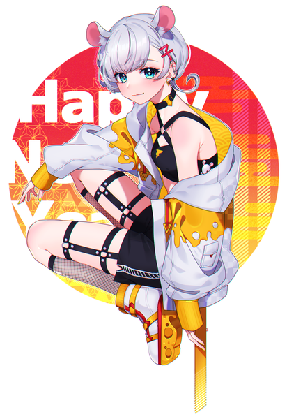 Anime picture 1099x1600 with original peta (snc7) single tall image looking at viewer short hair blue eyes sitting animal ears silver hair full body open jacket piercing ear piercing new year happy new year fishnet egasumi mouse ears seigaiha