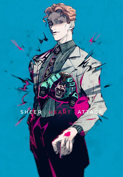 Anime picture 600x861 with jojo no kimyou na bouken kira yoshikage sheer heart attack mizudama single tall image looking at viewer short hair simple background blonde hair standing character names blue background shaded face skull print boy necktie