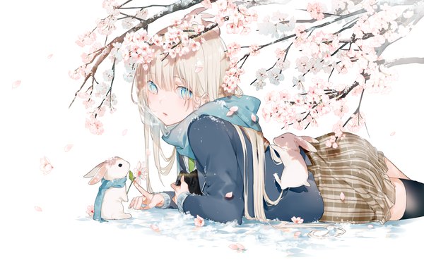 Anime picture 4579x2894 with original miwano rag single long hair looking at viewer blush fringe highres open mouth blue eyes simple background blonde hair white background absurdres lying blunt bangs long sleeves cherry blossoms plaid skirt on stomach