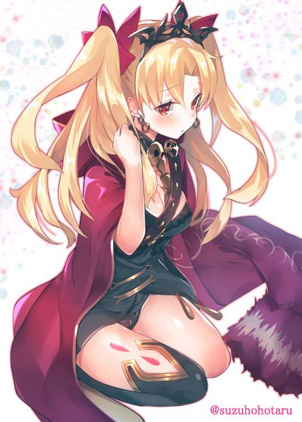 Anime picture 600x839 with fate (series) fate/grand order ereshkigal (fate) suzuho hotaru single long hair tall image blush light erotic blonde hair red eyes sitting signed from above two side up embarrassed twitter username girl bow hair bow