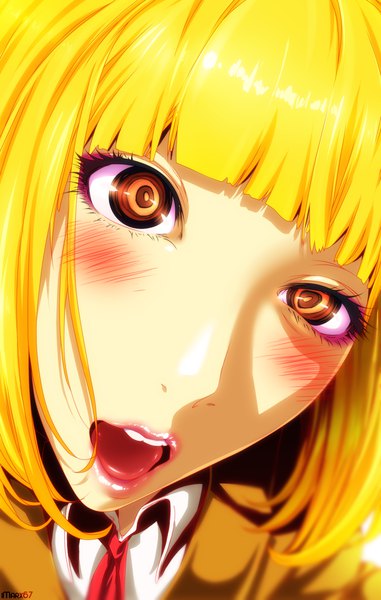 Anime picture 1200x1887 with kangoku gakuen midorikawa hana eroishi single tall image looking at viewer blush fringe short hair open mouth blonde hair brown eyes blunt bangs lips teeth lipstick portrait close-up face pink lipstick