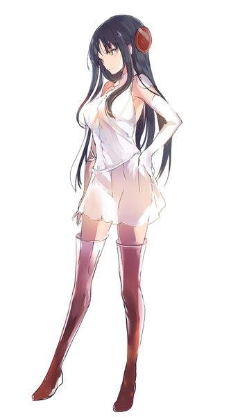 Anime picture 546x982 with original lpip single long hair tall image fringe breasts light erotic black hair simple background large breasts standing white background looking away full body head tilt zettai ryouiki hand on hip looking down see-through silhouette