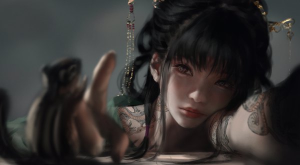 Anime-Bild 8000x4394 mit ghost blade jade (ghost blade) wlop single long hair looking at viewer highres black hair simple background red eyes wide image absurdres lips blurry realistic grey background tattoo depth of field girl hair ornament