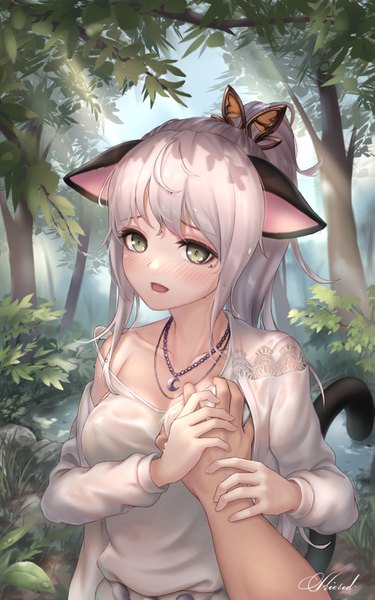 Anime picture 1877x3000 with blade & soul lyn (blade & soul) kie (wylee2212) long hair tall image looking at viewer blush fringe highres breasts open mouth light erotic smile large breasts standing green eyes signed animal ears payot silver hair