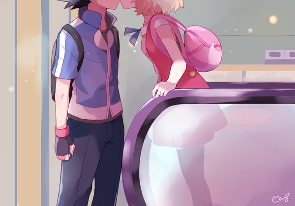 Anime picture 1000x700 with pokemon pokemon xy nintendo serena (pokemon) ash ketchum mei (maysroom) short hair black hair blonde hair signed arm support couple head out of frame kiss spoilers girl thighhighs boy gloves black thighhighs