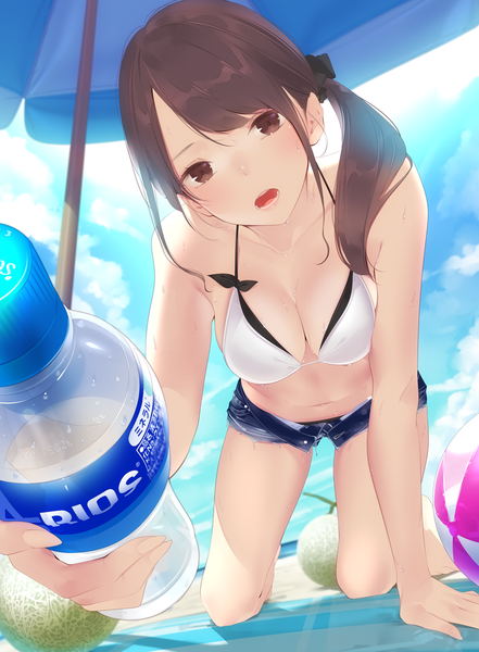 Anime picture 809x1100 with original ama mitsuki single long hair tall image looking at viewer blush fringe breasts open mouth light erotic brown hair bare shoulders holding brown eyes sky cloud (clouds) full body outdoors head tilt