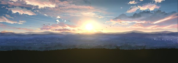 Anime picture 1920x691 with original ngomoi wide image sky evening sunset mountain flying no people landscape nature plant (plants) animal tree (trees) bird (birds) grass