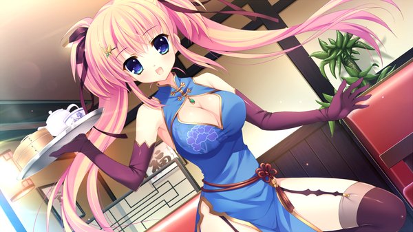 Anime picture 1280x720 with alia's carnival! shinomori yumi mitha single long hair looking at viewer blush open mouth blue eyes light erotic wide image twintails bare shoulders pink hair game cg cleavage chinese clothes girl thighhighs gloves