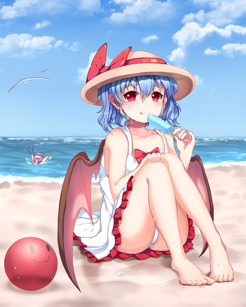 Anime picture 1600x2000 with touhou remilia scarlet patchouli knowledge papo tall image looking at viewer short hair open mouth light erotic smile red eyes sitting blue hair sky purple hair cloud (clouds) beach screaming girl hat