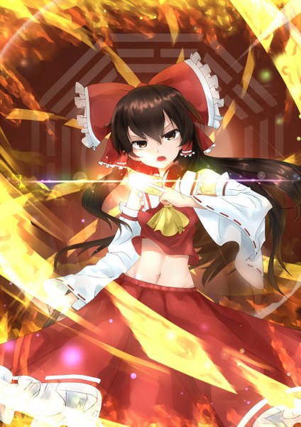 Anime picture 950x1343 with touhou hakurei reimu qys3 single long hair tall image looking at viewer black hair brown eyes traditional clothes midriff miko girl skirt navel bow hair bow skirt set fire ofuda