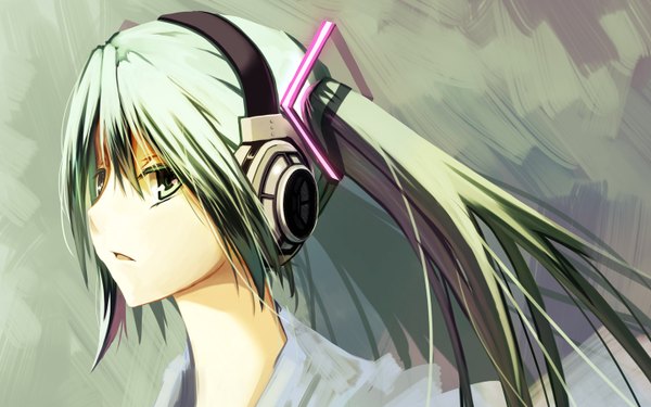 Anime picture 1440x900 with vocaloid hatsune miku long hair wide image twintails aqua eyes aqua hair girl headphones