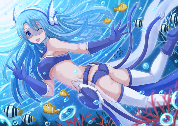 Anime picture 1337x945 with original kazenokaze single long hair looking at viewer blush open mouth blue eyes light erotic blue hair one eye closed wink back underwater girl gloves animal bubble (bubbles) fish (fishes)