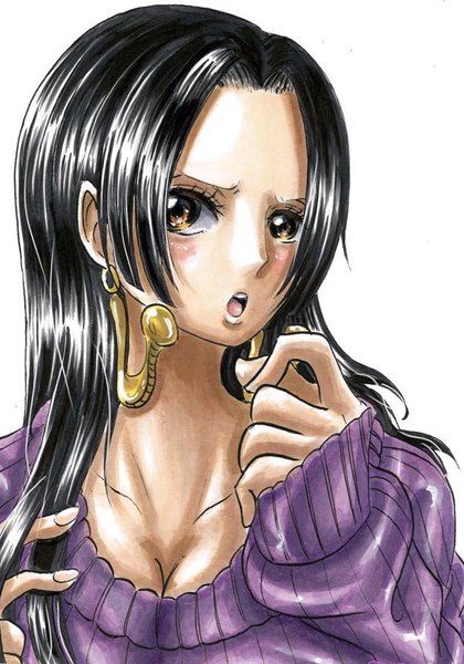 Anime picture 740x1058 with one piece toei animation boa hancock stt0tr single long hair tall image looking at viewer blush breasts open mouth black hair simple background white background brown eyes payot cleavage upper body teeth :o