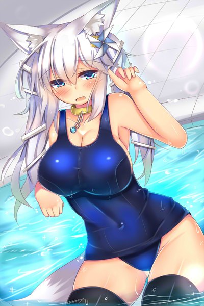 Anime picture 1100x1650 with original mizu aoi kutan single long hair tall image looking at viewer blush highres breasts open mouth blue eyes light erotic large breasts bare shoulders animal ears cleavage white hair tail animal tail