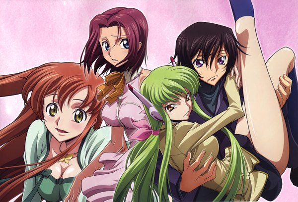 Anime picture 5696x3874 with code geass sunrise (studio) c.c. lelouch lamperouge kallen stadtfeld shirley fenette sakamoto shuuji highres light erotic multiple girls cleavage girl boy 3 girls