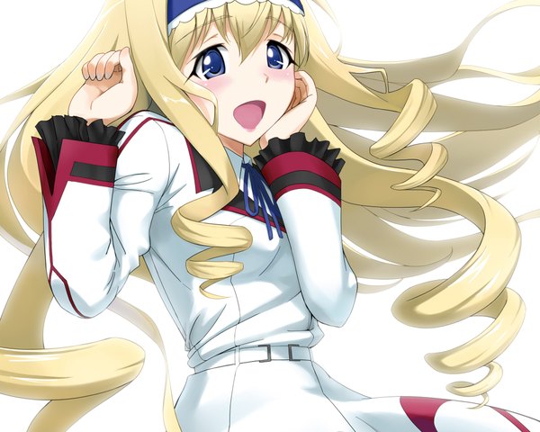 Anime-Bild 1920x1536 mit infinite stratos 8bit cecilia orcott single long hair blush highres open mouth blue eyes simple background blonde hair white background drill hair girl uniform school uniform hairband