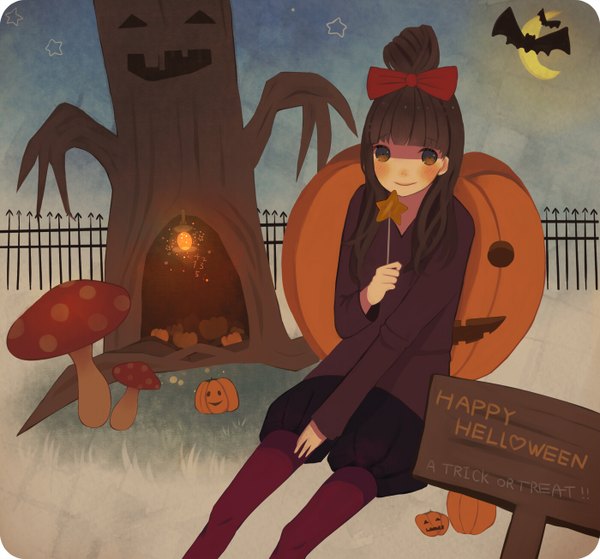 Anime picture 1400x1306 with original bisco long hair blush brown hair sitting night halloween crescent happy halloween trick or treat girl bow plant (plants) hair bow tree (trees) star (symbol) fence jack-o'-lantern bat