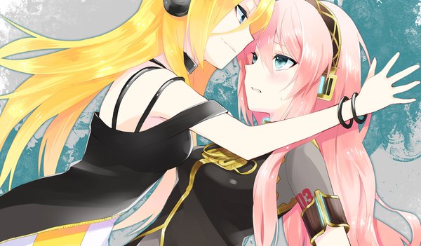 Anime picture 1366x800 with vocaloid megurine luka lily (vocaloid) long hair blonde hair wide image multiple girls green eyes pink hair profile girl 2 girls bracelet headphones