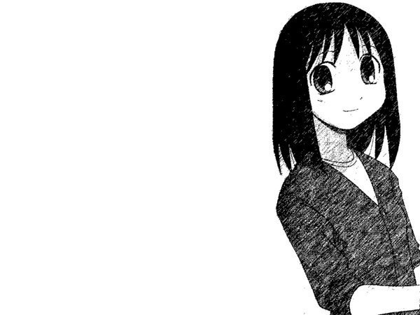 Anime picture 1600x1200 with azumanga daioh j.c. staff kasuga ayumu single looking at viewer fringe short hair black hair smile white background upper body black eyes monochrome girl