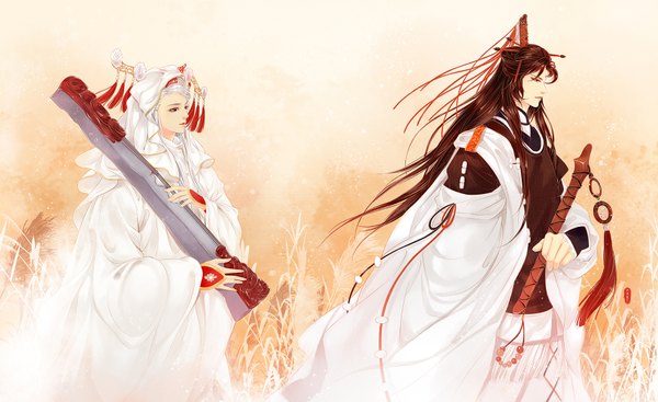 Anime picture 1634x1000 with tagme (copyright) dk (pixiv) long hair red eyes brown hair wide image brown eyes silver hair traditional clothes profile musician girl boy hair ornament beads fife guqin