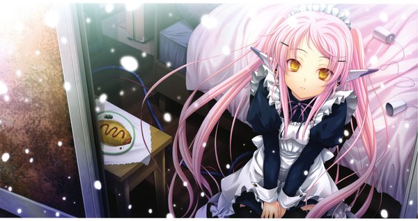 Anime picture 11533x6129 with original miyama zero single long hair looking at viewer fringe highres wide image standing twintails yellow eyes payot pink hair absurdres from above scan maid puffy sleeves snowing letterboxed