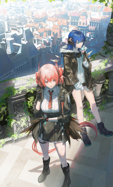 Anime picture 1810x3000 with arknights mostima (arknights) fiammetta (arknights) gyoukan (jfxc) long hair tall image fringe highres short hair hair between eyes red eyes multiple girls blue hair looking away outdoors red hair tail blunt bangs animal tail horn (horns)