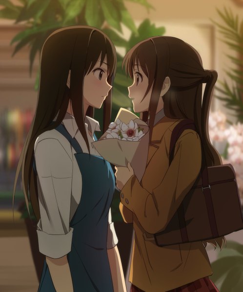 Anime picture 1079x1299 with idolmaster idolmaster cinderella girls shibuya rin shimamura uzuki kisetsu long hair tall image fringe open mouth black hair smile brown hair standing multiple girls holding brown eyes ponytail indoors face to face girl