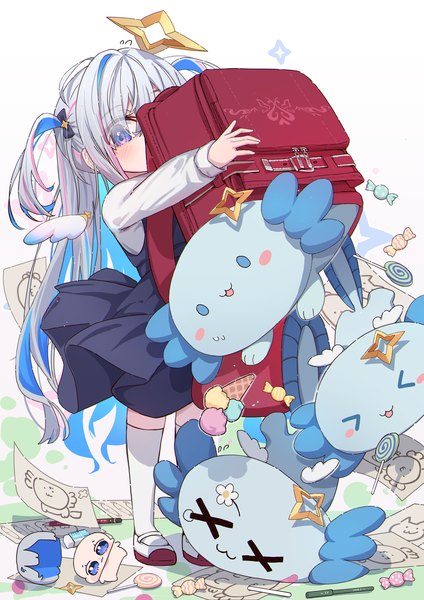 Anime-Bild 2480x3508 mit virtual youtuber hololive amane kanata upao (amane kanata) juu p single long hair tall image looking at viewer highres standing purple eyes holding silver hair full body multicolored hair loli two side up colored inner hair alternate age
