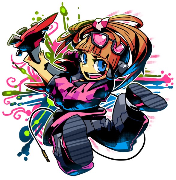 Anime picture 1247x1273 with original sido (slipknot) single long hair tall image open mouth blue eyes simple background smile brown hair white background ponytail looking back jumping girl glasses headphones musical instrument wire (wires) guitar