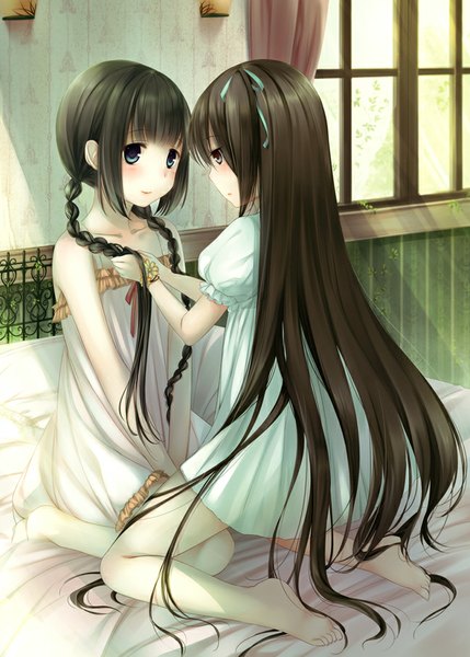 Anime picture 648x906 with original itou nanami long hair tall image blush blue eyes black hair smile multiple girls braid (braids) barefoot sunlight twin braids kneeling girl 2 girls window bed pajamas