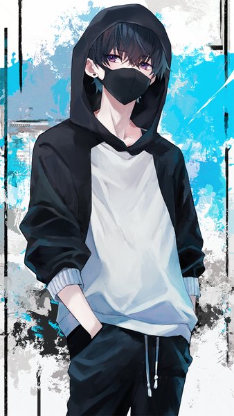 Anime picture 800x1422 with original shiromine kana single tall image looking at viewer fringe short hair black hair hair between eyes standing purple eyes hands in pockets boy hood hoodie surgical mask