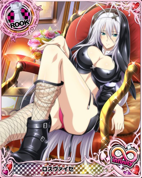 Anime picture 640x800 with highschool dxd rossweisse single tall image looking at viewer blush breasts blue eyes light erotic large breasts white hair very long hair pantyshot legs card (medium) nun girl thighhighs skirt underwear