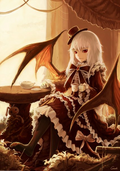 Anime picture 2000x2832 with original crazat single long hair tall image highres red eyes absurdres white hair crossed legs lolita fashion demon wings vampire gothic girl bow hat pantyhose wings curtains
