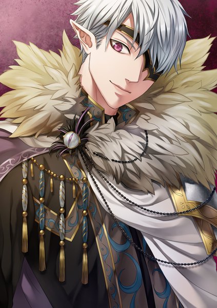 Anime picture 816x1158 with original kawaka single tall image looking at viewer fringe short hair smile head tilt pink eyes lips pointy ears grey hair hair over one eye fur trim eyebrows boy uniform fur eyepatch