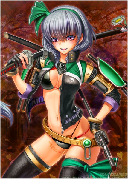 Anime picture 1200x1683 with touhou konpaku youmu maco (macoillust) single tall image short hair breasts open mouth light erotic smile purple eyes cleavage silver hair alternate costume piercing girl thighhighs hair ornament ribbon (ribbons) weapon