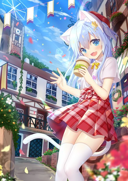 Anime picture 848x1200 with original mint (yano mitsuki) yano mitsuki single long hair tall image looking at viewer blush fringe open mouth blue eyes smile hair between eyes standing holding animal ears blue hair sky cloud (clouds) outdoors